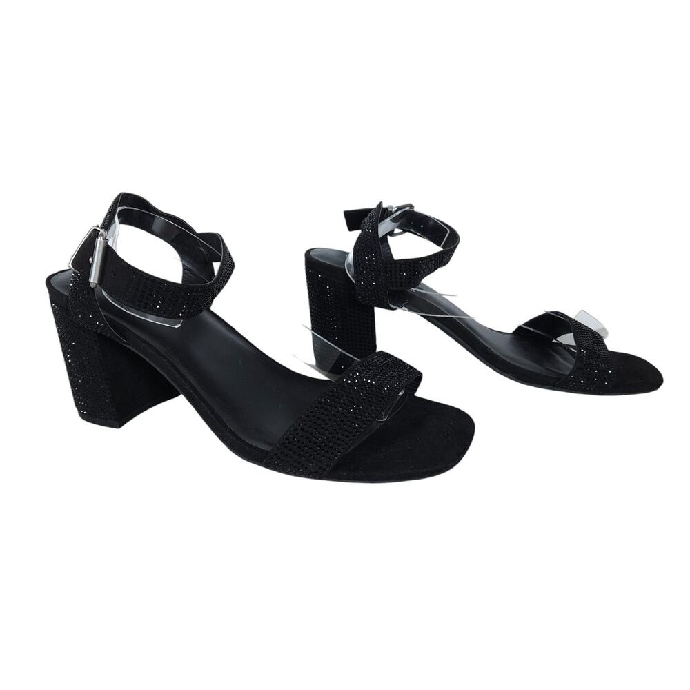 Lane Bryant Womens Sandals 10 Black Rhinestone Ankle Strap Heeled Square Toe